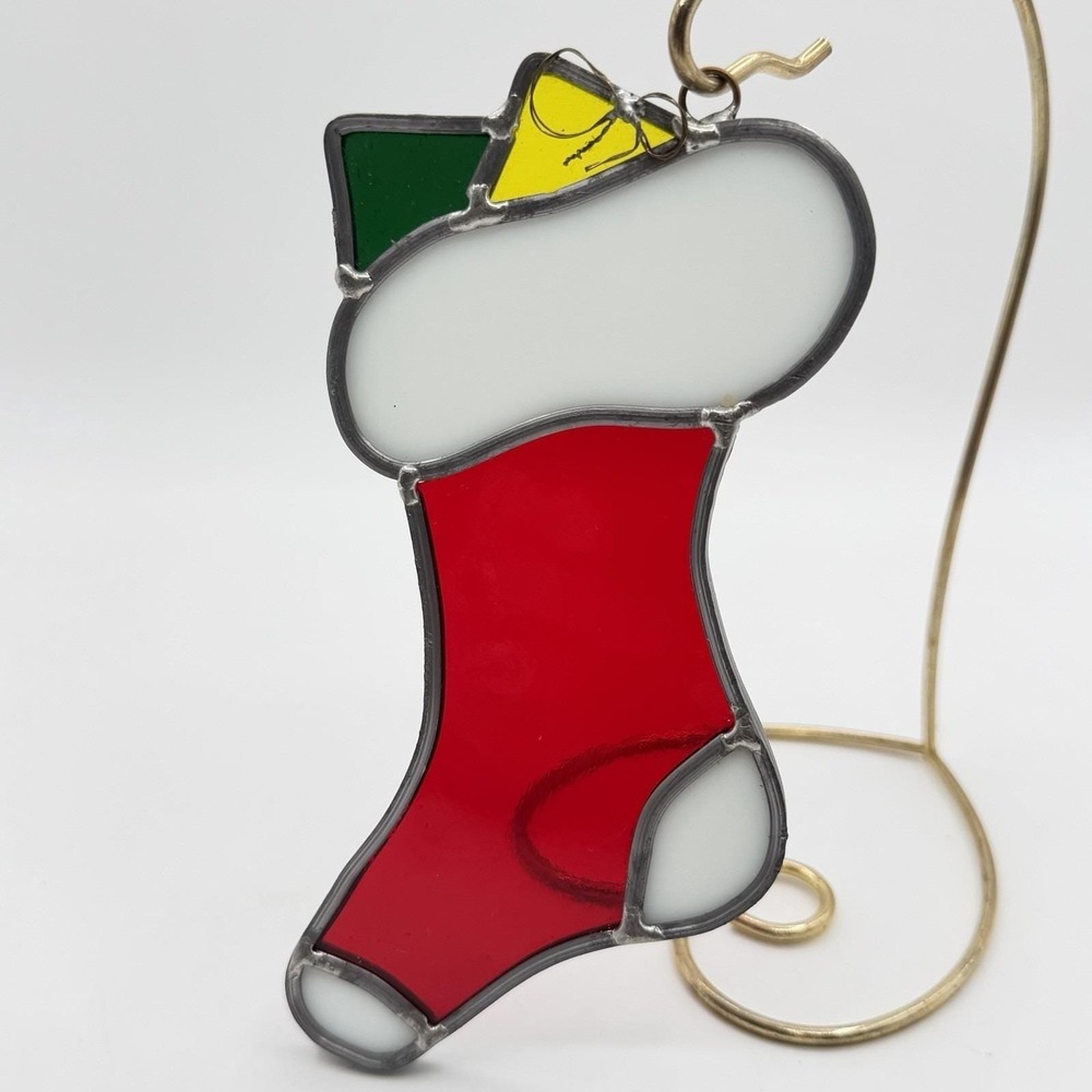 Vintage Stained Glass Stocking Christmas Decoration 6" Gift Suncatcher